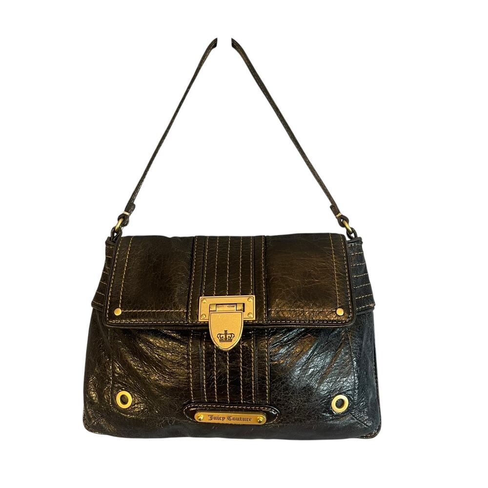 Juicy Couture 2008 Y2K Black Distressed Genuine Leather Shoulder Bag Purse